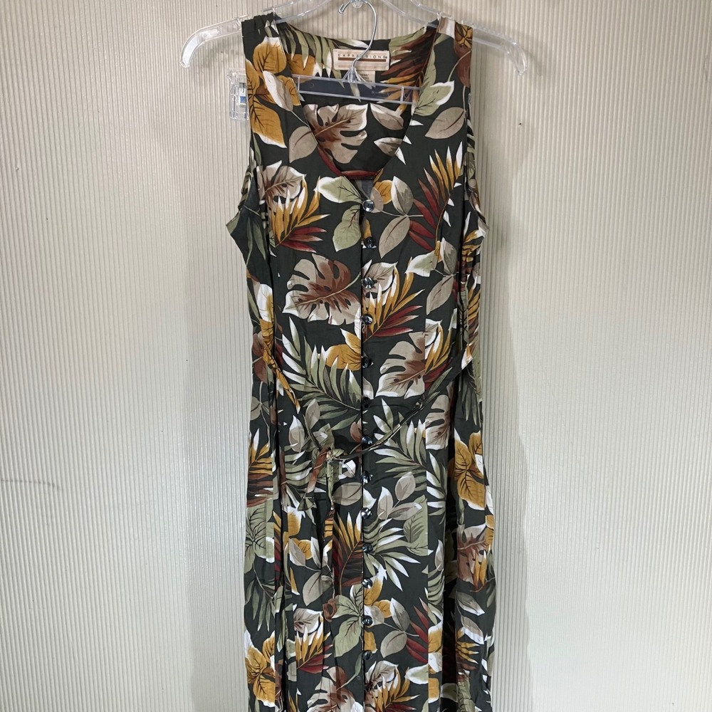 Expressions Womens M Tropical Floral Rayon Button Front Maxi Dress Olive Tan